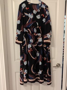 Halogen Black Long-Sleeve Floral Dress with Blue and Brown Accents